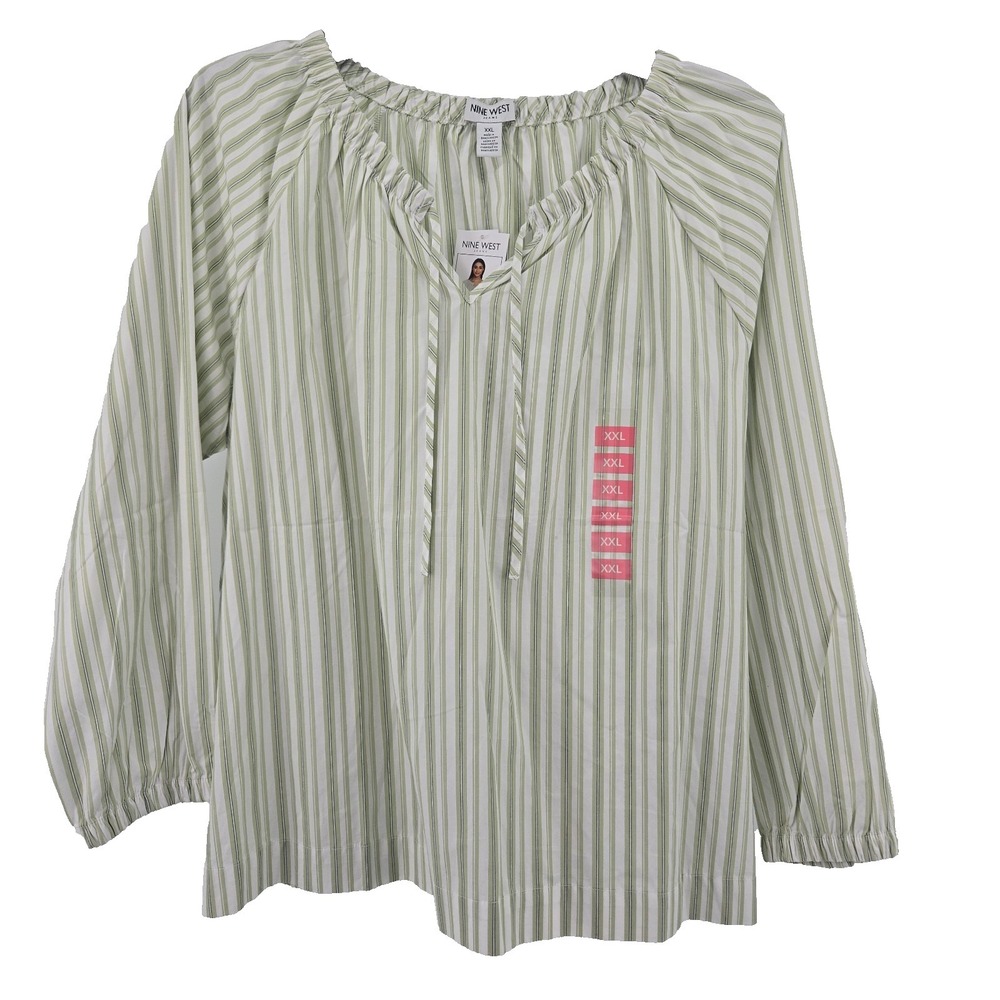 Nine West Women's XXL Woven Time Neck Top Laurel Green Stripe New
